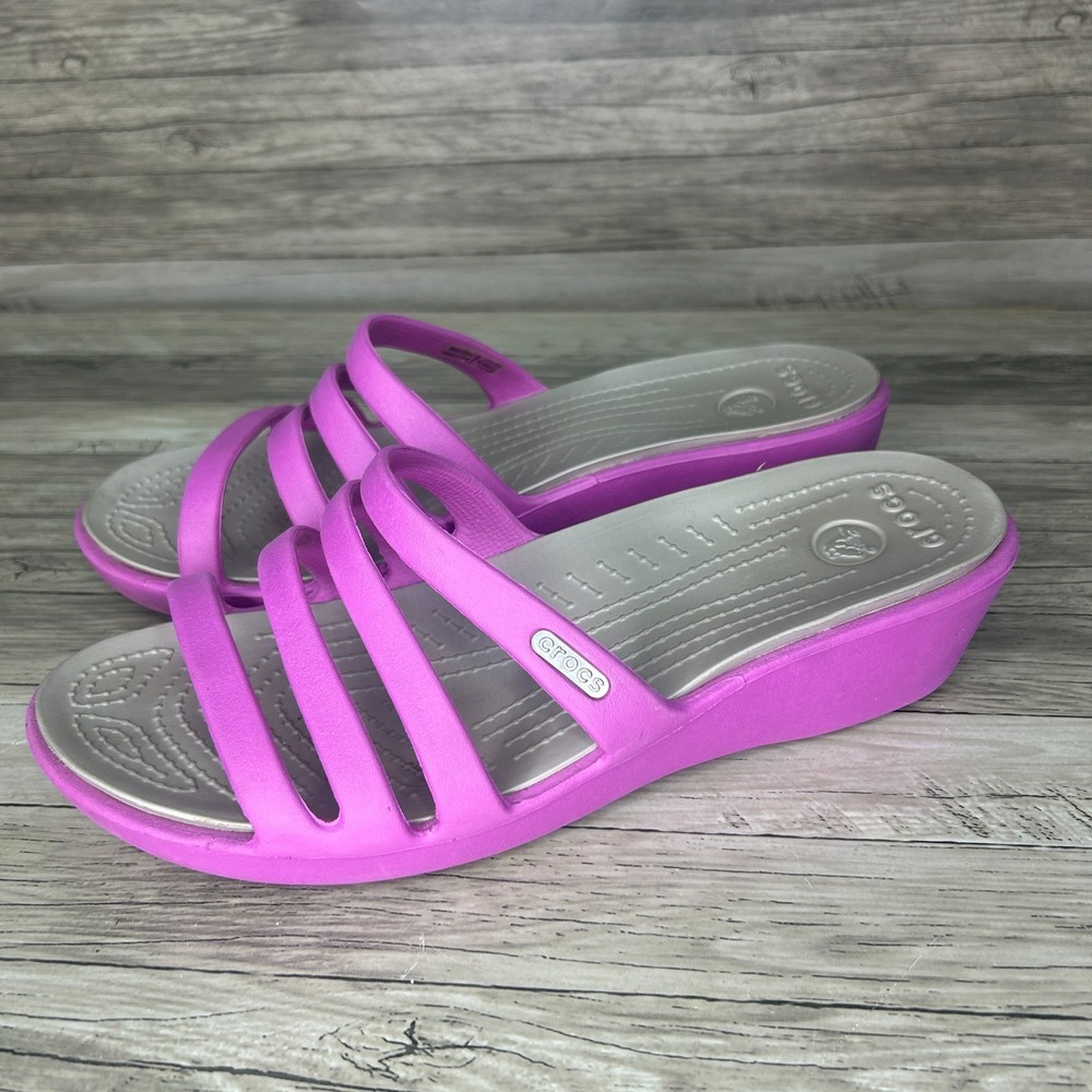 Crocs Rhonda Womens 8 Sandals Slides Wedge Heel Pink Strappy